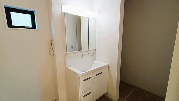 ワイドなボウルにハンドシャワー水栓が付いた洗面化粧台。 