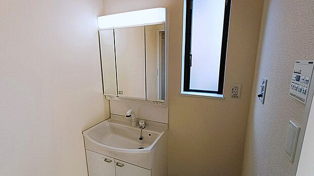 ワイドなボウルにハンドシャワー水栓が付いた洗面化粧台。 