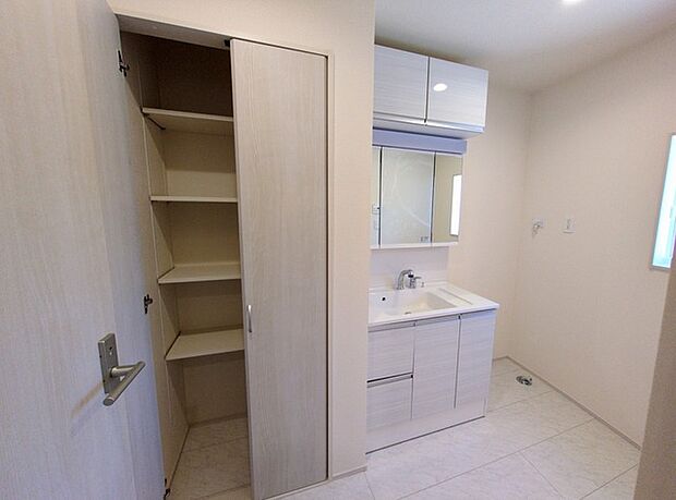 化粧台はやっぱり色が一番。シャワーヘッド付きの収納充実タイプです。