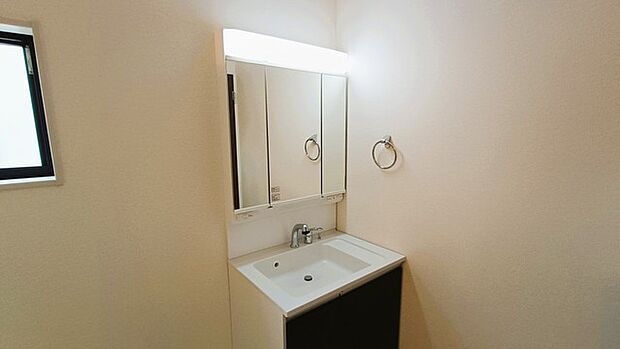 三面鏡にハンドシャワー付き、 使いやすい洗面台。