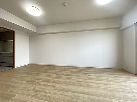 木の温もりを感じる床材が、温かい雰囲気を醸し出す広々とした空間。真っ白な壁が、描きたい暮らしのイメージを広げ、心にゆとりをもたらしてくれるでしょう。 