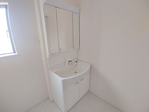 ワイドなボウルにハンドシャワー水栓が付いた洗面化粧台。