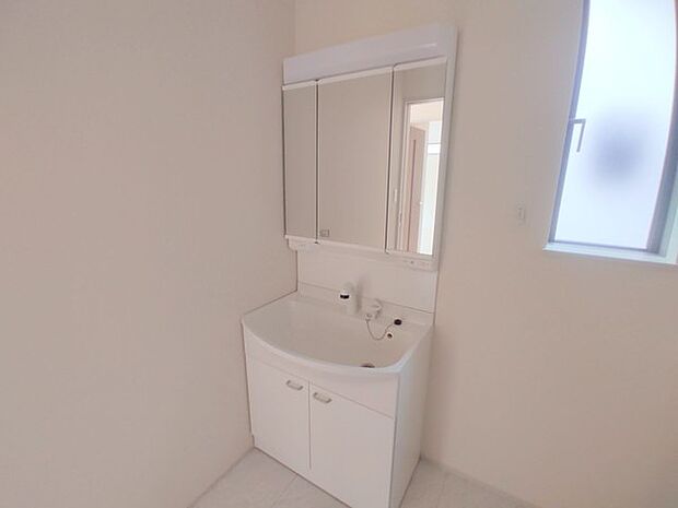 三面鏡にハンドシャワー付き、 使いやすい洗面台。 