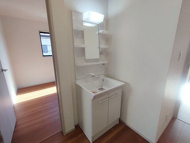 化粧台はやっぱり色が一番。シャワーヘッド付きの収納充実タイプです。