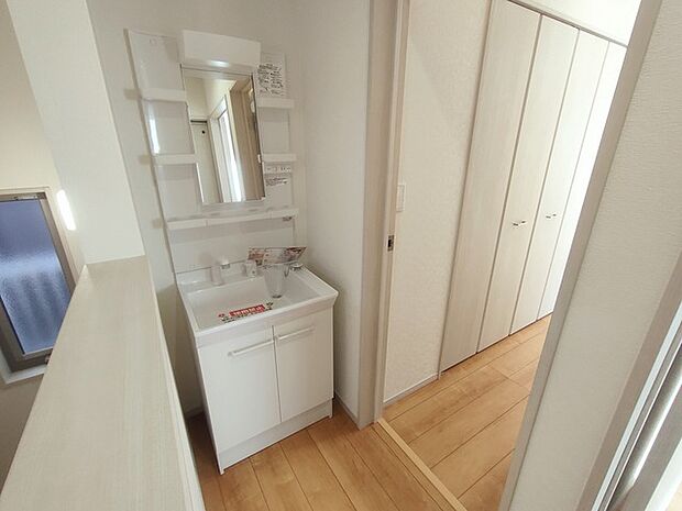 化粧台はやっぱり色が一番。シャワーヘッド付きの収納充実タイプです。 