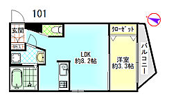 コティ下三条町 1階1LDKの間取り