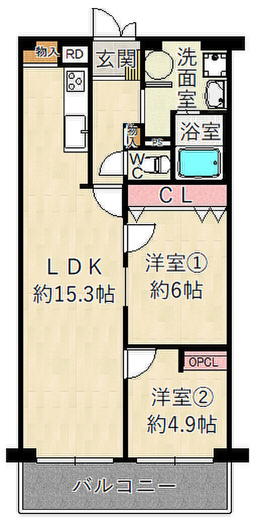 武庫川スカイハイツ(2LDK) 2階の間取り
