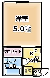 第2岡村マンション 2階1Kの間取り