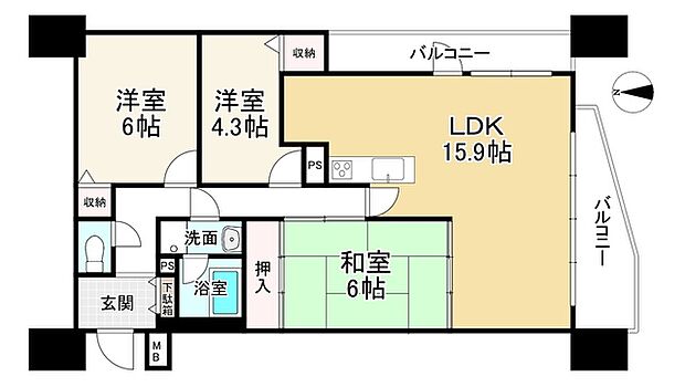 コスモ大和高田(3LDK) 2階の間取り