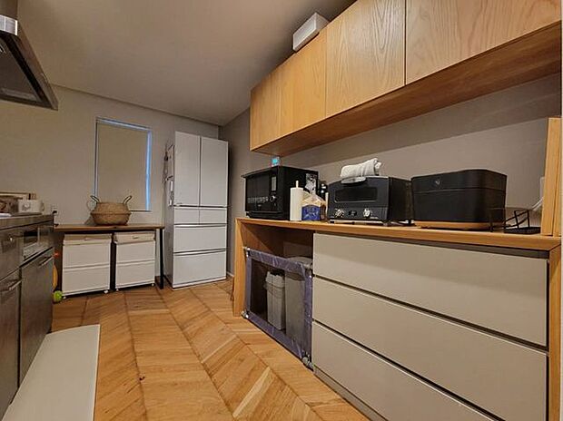 キッチン背面はカウンタータイプの収納。ゴミ箱置きのスペースも有、スッキリ収納可能です。