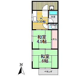 JR青梅線 羽村駅 徒歩22分の賃貸アパート 1階2Kの間取り