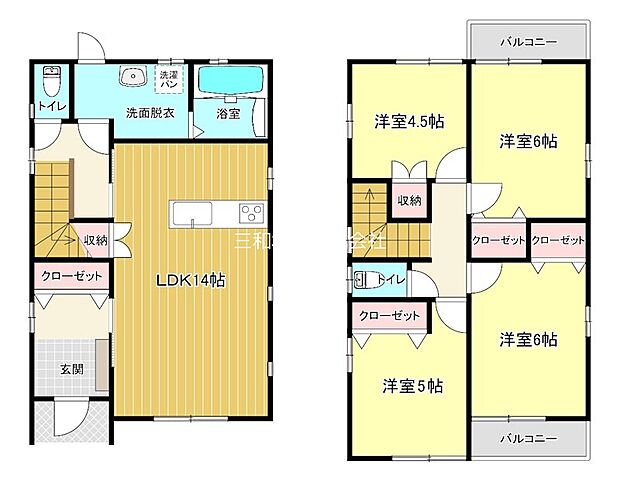 1階にリビング、2階に4部屋ある家族団らんのスペースとプライベート空間を分けられる間取りです