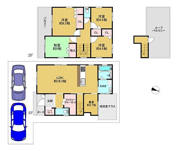 【間取り】4SLDK敷地内駐車2台可能スペース有り陽当り良好なルーフバルコニー