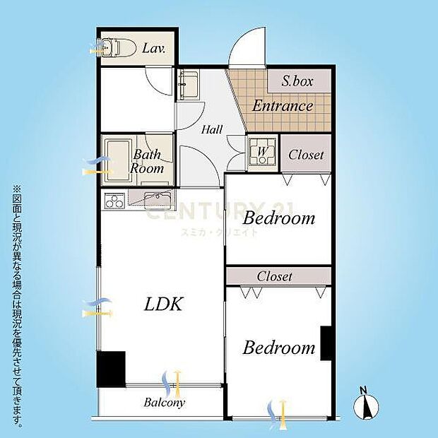 間取図／1階部分南向きバルコニーの角住戸2LDK、全室クローゼット付きです