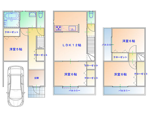 【プラン図】プライバシー性の高い2階リビング×3階建4LDKの住まい。全居室フローリングで、お手入れのしやすい住まいです。(建物価格1650万円、建物面積100ｍ2)