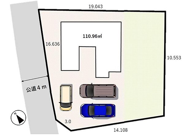 駐車3台可能。お子様とキャッチボールやBBQ等ご家族と充実した時間を楽しめる広々敷地。
