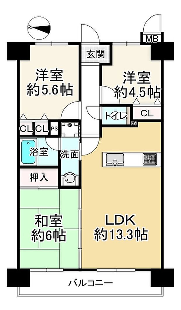 レックスマンション浅香山(3LDK) 2階の間取り