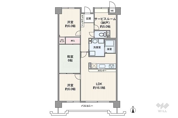 間取りは専有面積85.24平米の3SLDK。LDK約16.5帖の縦長リビングのプラン。全室6帖以上の広さが有ります。LDKに隣接する個室2部屋は続き間でフレキシブルに使用可能。