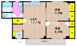 JR宇野線 大元駅 徒歩10分の賃貸マンション 3階2LDKの間取り