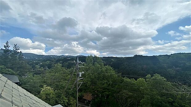 2階からの眺望です。別荘地内の山肌に建つ別荘が見られます。