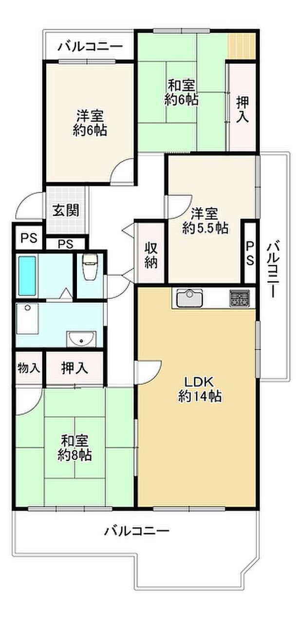 昭和山第2コーポ2号棟(4LDK) 6階の間取り
