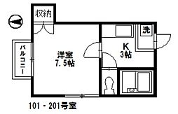 プルティエV 1階1Kの間取り