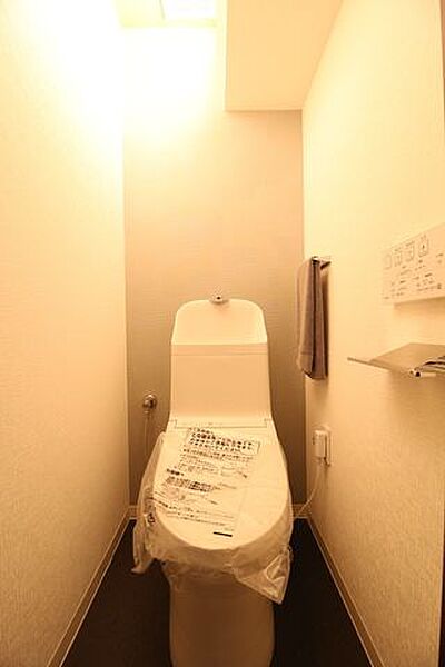 間接照明がとてもおしゃれな落ち着いた雰囲気のトイレです。天井が高いので、広々とした空間に感じられます。