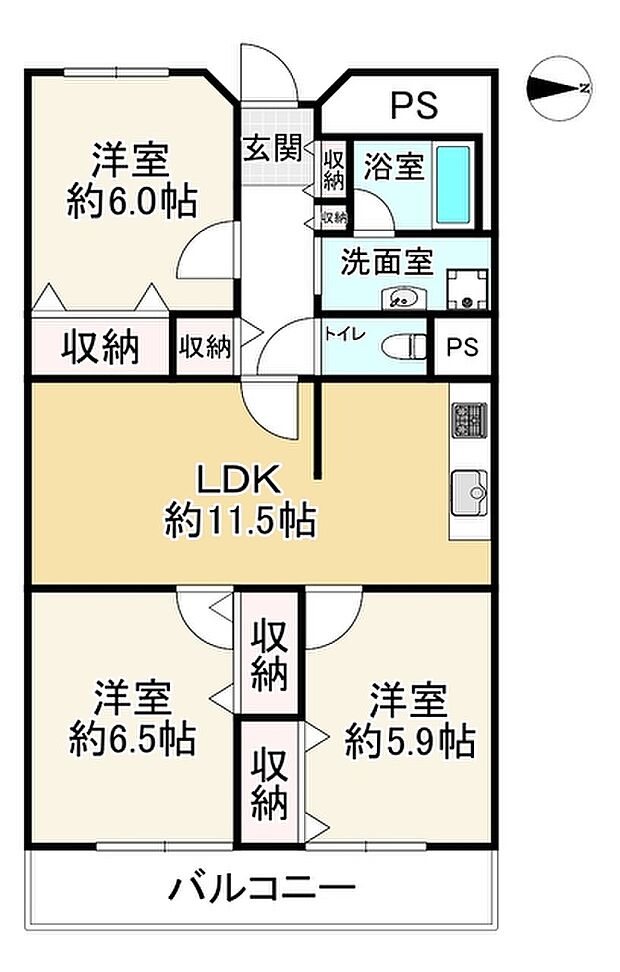 鶴見緑地コーポ(3LDK) 8階の間取り