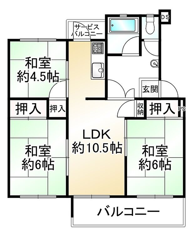 香里三井Ｉ住宅97号棟(3LDK) 4階の間取り