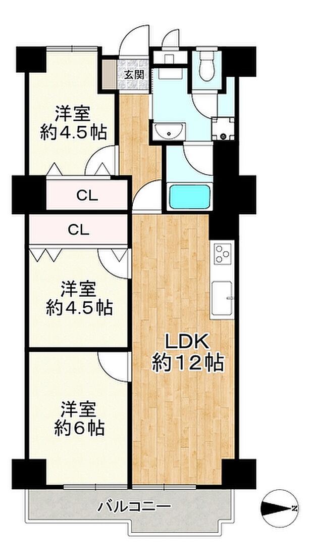 茨木グランドハイツ(3LDK) 3階の間取り