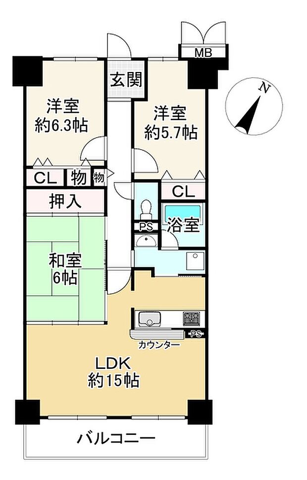 近江八幡グリーンマンション2番館(3LDK) 2階の間取り
