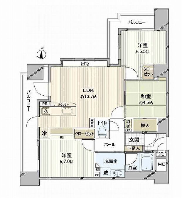 ワコーレ灘ハウイッシュ(3LDK) 7階の間取り