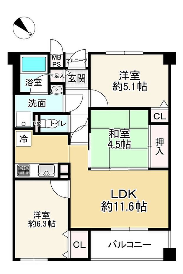 コスモ桂(3LDK) 3階の間取り