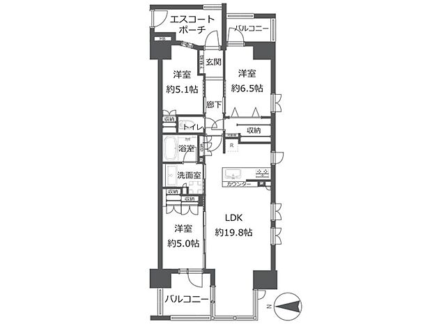 角住戸のため、家族以外が玄関前を通り抜けることが少なく、プライバシーの保ちやすい住戸です。