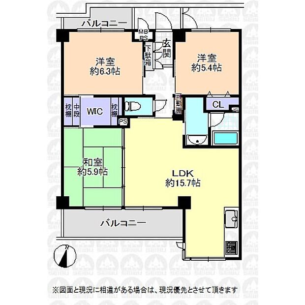 インペリアル国立ガーデンハウス東館(3LDK) 3階の間取り