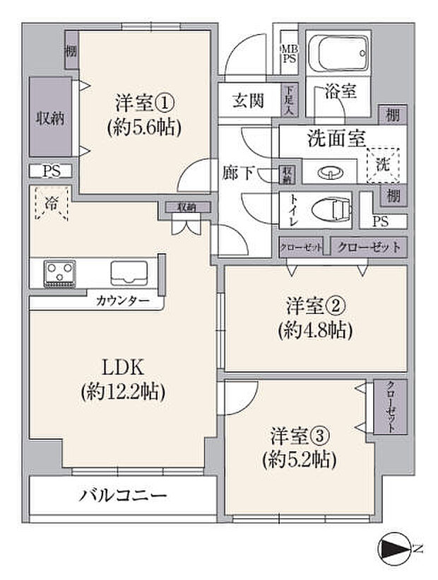 横浜山手ガーデニア(3LDK) 3階の間取り