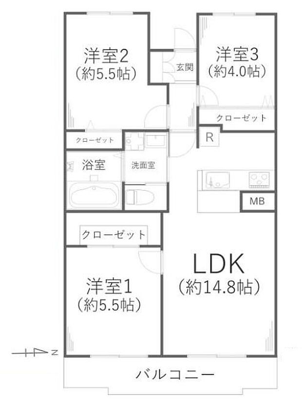 グランビスタ横浜三ツ沢(3LDK) 3階の間取り