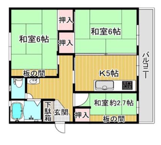 新多聞第2住宅116号棟(3K) 1階の間取り