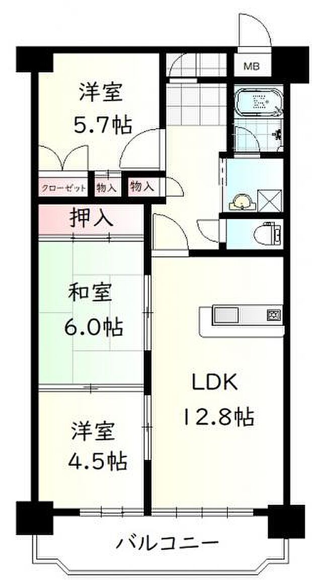 グランコート多賀城壱番館(3LDK) 6階の間取り