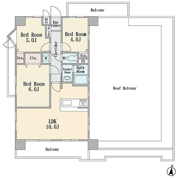 最上階東南西の角部屋です　ルーフバルコニー49．5平米　カウンターキッチン　3ＬＤＫ　新規リフォーム済み　エアコン付き