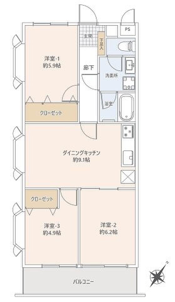 4階建て3階部分、3DKの間取りです（リフォーム完了しました！）