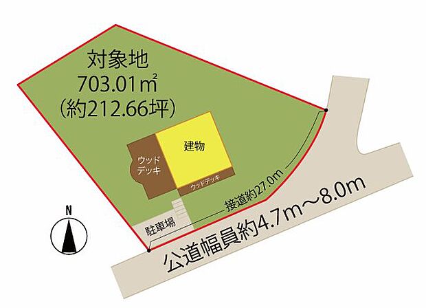 敷地面積は703.01m2。北西下がりの緩傾斜ですが家庭菜園が可能なくらい。