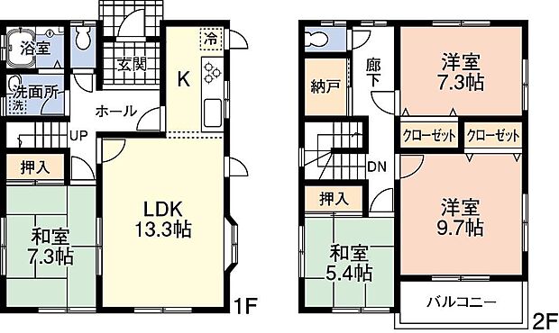 【1階に＋α】　1階LDKと続く和室7.3帖、2階3部屋と納戸があり4SLDK
