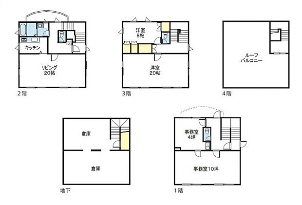 【居宅間取】1階に事務室、2・3階が居宅、地下倉庫付き