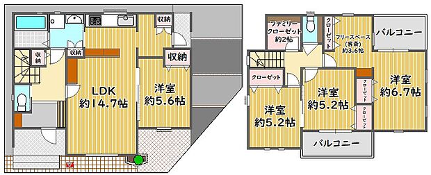 各部屋収納があり、玄関には土間収納、キッチンにはパントリー、2階にはファミリークローゼットがございます。