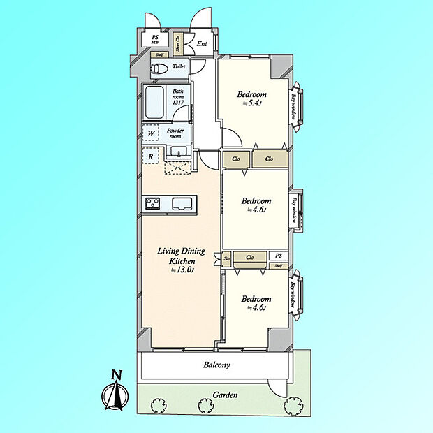 角部屋の開放感〜ライオンズマンション浦和第5〜(3LDK) 1階の間取り