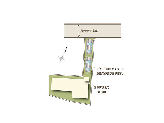 2台駐車可能なスペースがございます。(1台分土間コンクリート敷設の必要あり)　お子様の安全な遊び場としてもご活用いただけます。