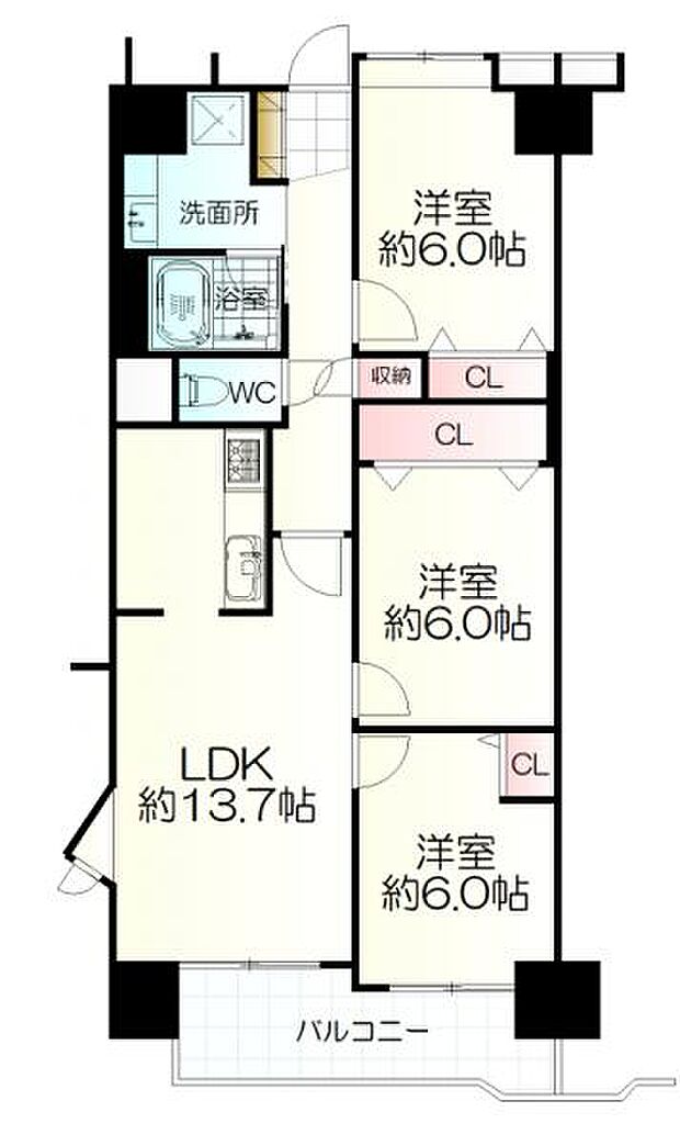 東急ドエルアルス東照宮陽明館(3LDK) 6階の間取り