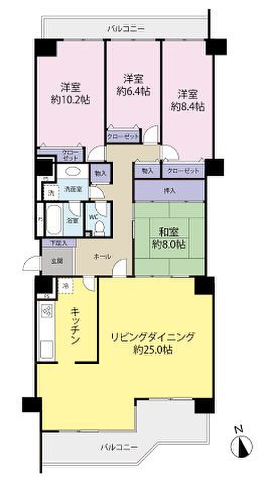 2面バルコニーの4LDKです。ペット可（規約有り）です。　南向きのリビングは約25帖有るので明るく開放的な空間になっています。　室内はリフォームをしたので大変キレイです。