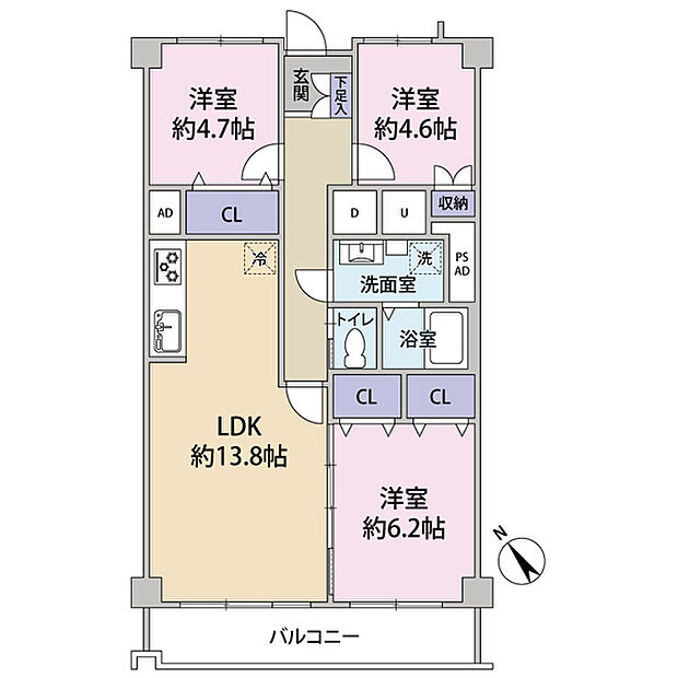多摩稲城マンションC棟(3LDK) 3階の間取り